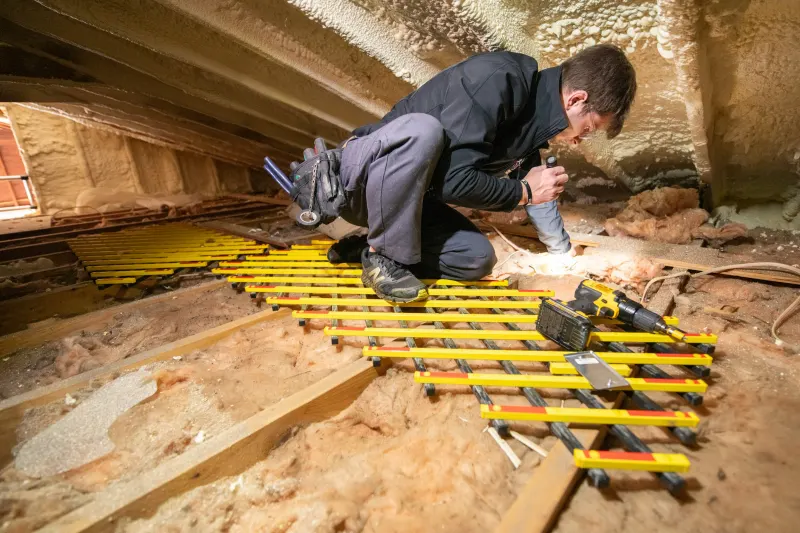 Técnico revisando el aislamiento en un ático bajo cubierta antes de mejorar la eficiencia energética de una vivienda