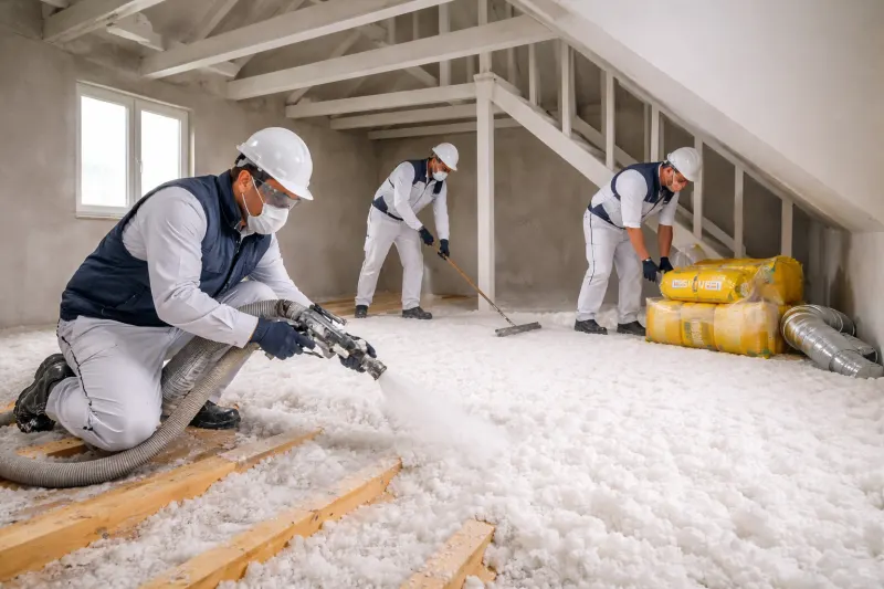 Equipo de instaladores certificados realizando aislamiento de cubierta con lana mineral en una vivienda española