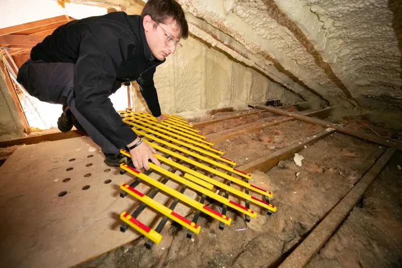 Técnico trabajando en el suelo de un ático para mejorar el aislamiento antes del invierno